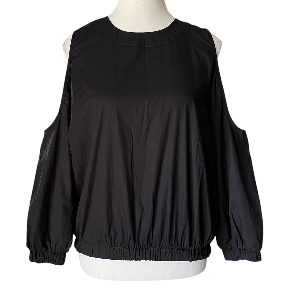 Evereve Womens Black Cotton Cold Shoulder Blouse Elastic Hem Elevated Top S